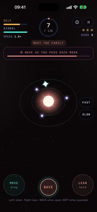 Small moons circle the star while the spark waves to each.