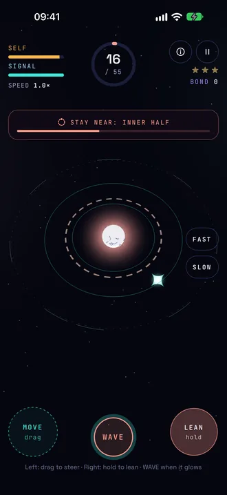 A storm around the star; a dashed ring shows where to shelter.